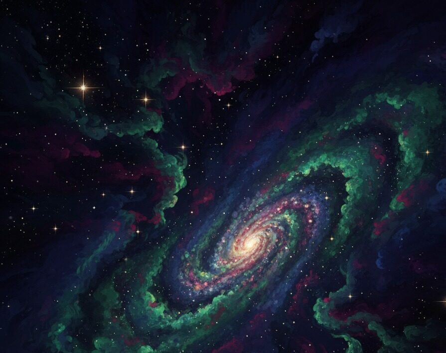 Una galaxia espiral con brazos verdes y brillantes nubes de gas sobre un fondo oscuro lleno de estrellas.