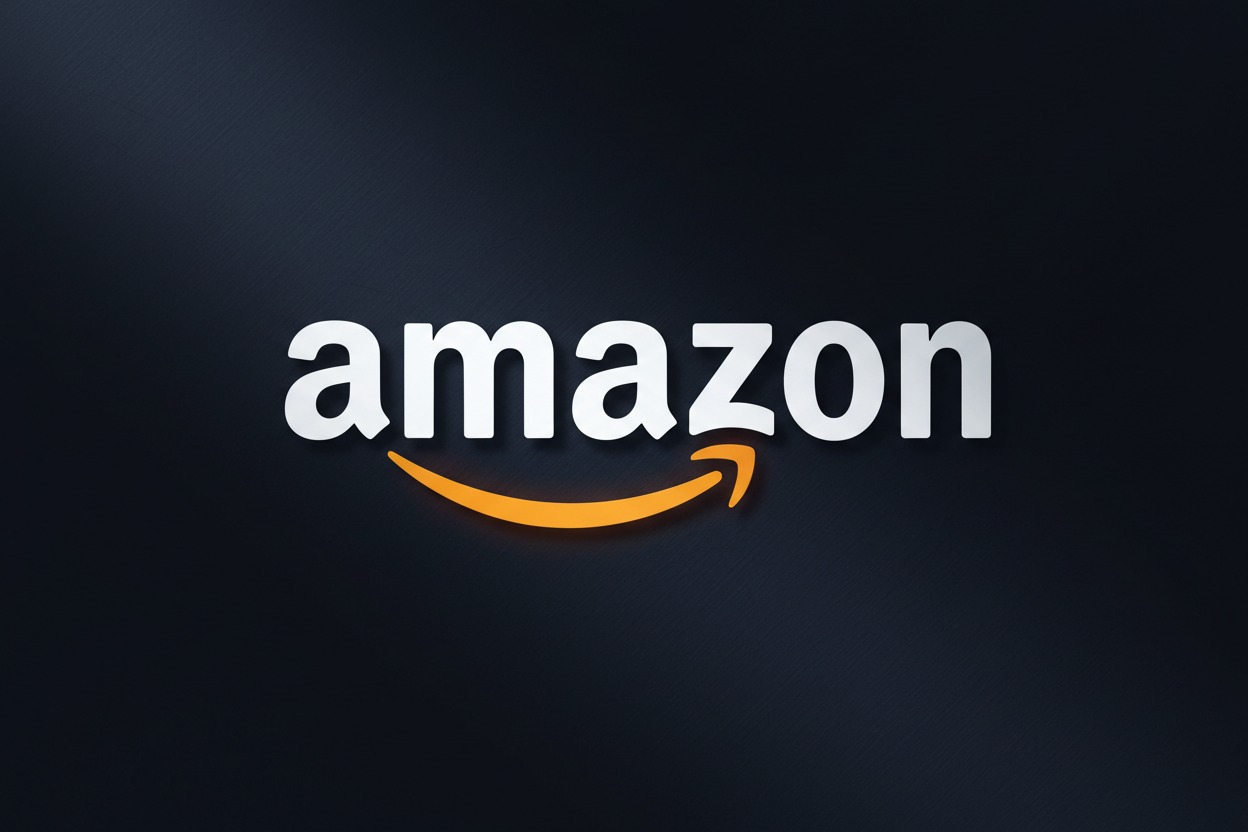El logotipo de Amazon en letras blancas con una flecha naranja curvada debajo, sobre un fondo oscuro.